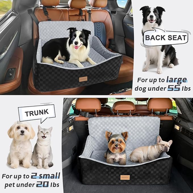 Dog Car Seat for Medium/Large Dogs - Reversible Dual-Sided Travel Dog Car Bed with Memory Foam, Washable Pet Booster Seat for Do gs up to 55 lbs or 2 Small Dogs, 2 Safety Leashes, Grey