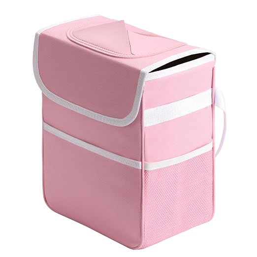 2 Gallon Car Trash Can Lid and Storage Pockets, Leak-Proof Collapsible and Portable Organizer, Multipurpose Garbage Bin with Adjustable Straps, Pink