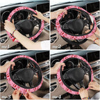 Cherry Steering Wheel Cover,Red Bow with Cherry 2 PCS Car Coasters Pink 14.5-15 Inch Neoprene Steering Wheel Cover,Anti-Slip Breathable Car Accessories Fits Auto Interior Decor