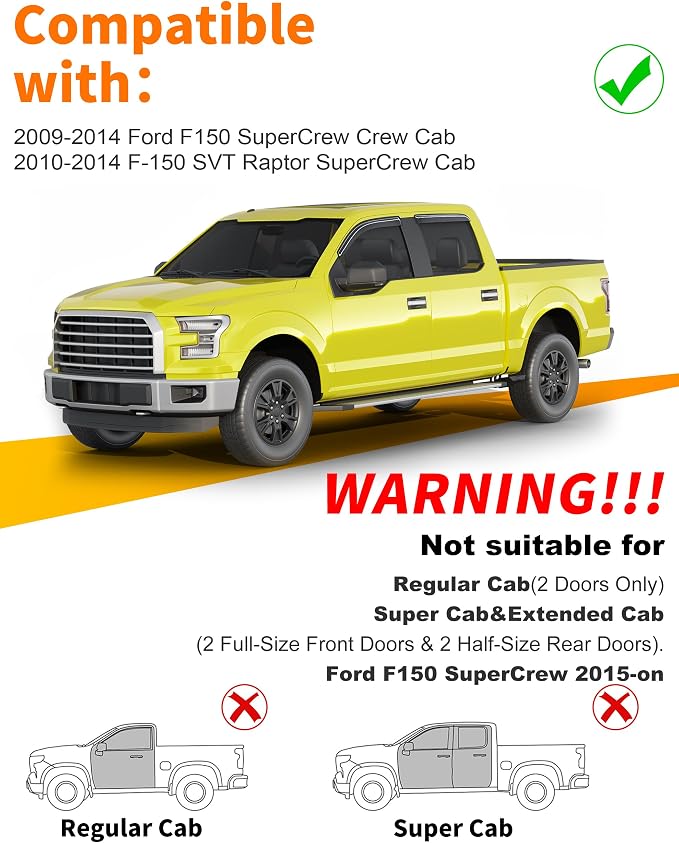 Extra-Thick Window Rain Guard for Ford F150 SuperCrew 2009-2014 Rain Guards Tape-on Side Truck Window Visors Low Profile Vent Visor Window Deflectors Vent Shades Car Accessories