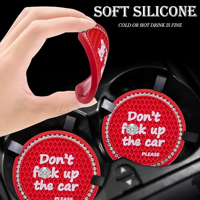 2PCS Bling Crystal Rhinestone Cup Holder Coaster – 2.75 Inch Anti-Slip Auto Insert Cup Coaster – Sparkling Interior Decor Accessories for Cars & Vehicles (Red & White)