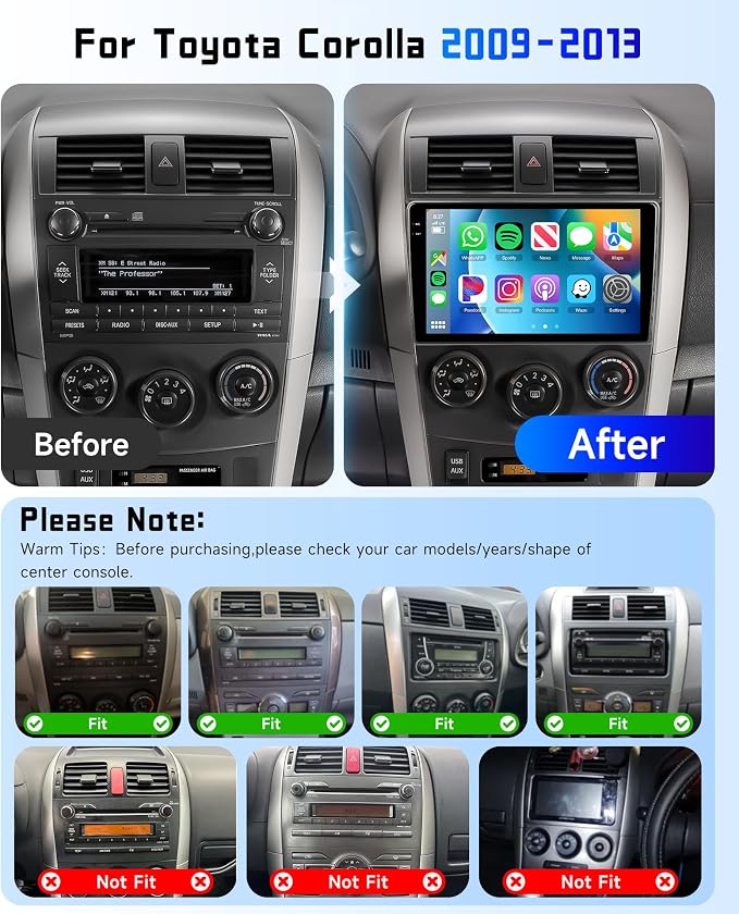 4G+64G Car Radio Stereo for Toyota Corolla 2009-2013, 9inch HD in-Cell Touch Screen/5Ghz WiFi/Android 15/Wireless CarPlay/Android Auto/GPS/5.0Bluetooth/FM/RDS/SWC/AHD Backup Camera