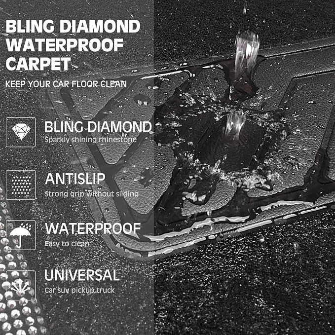 Bling Diamond Leather Steering Wheel Cover 14.5in-15in Floor Mats Shining Rhinestone Carpet Sparkly Glitter Crystal Anti-Slip Pad Fit Automotive SUV Pickup Truck Girl Women, 5pcs Black Sliver