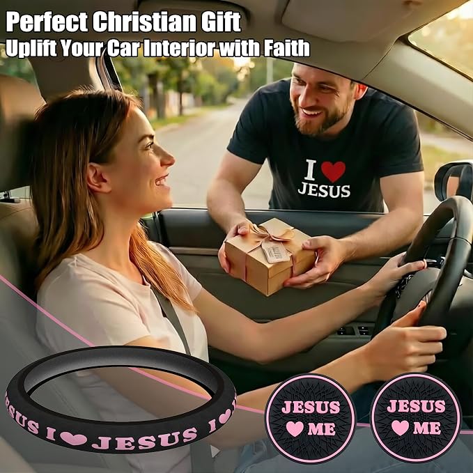 Christian I Love Jesus Pink Steering Wheel Cover for Women & Girls with 2 Pack Car Coasters, Pink Car Accessories, Christian Gifts for Women, Universal 15" Fit for Cars, SUVs, Trucks