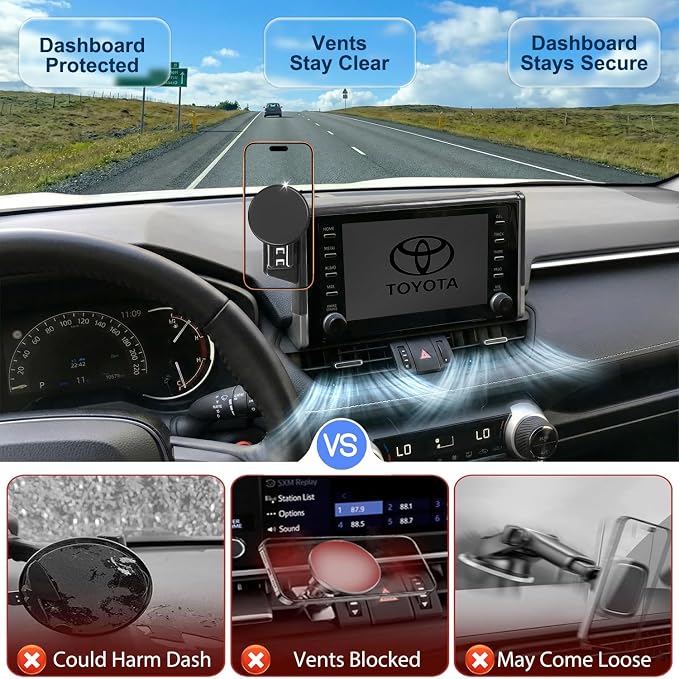 Car Phone Mount for Toyota RAV4 2019–2025 7/8-Inch Screen, OEM-Style Fit, 360° Rotation Phone Holder Compatible with MagSafe, No Vent Blocking, 100% Exclusive Development for Toyota RAV4 Accessories
