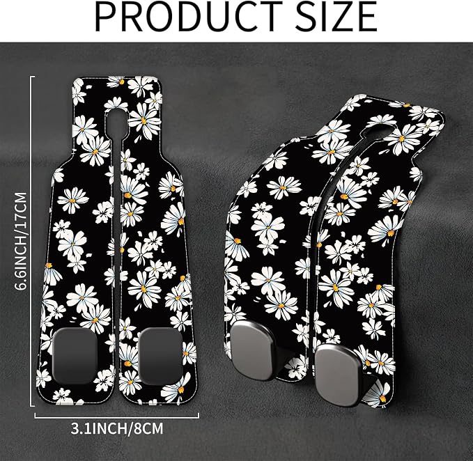 1 Pack Car Seat Headrest Hooks for Purses and Bags Watercolor Daisy Floral Bag Purse Holder for Car with Double Metal Hooks Car Purse Hanger Hanging Accessories