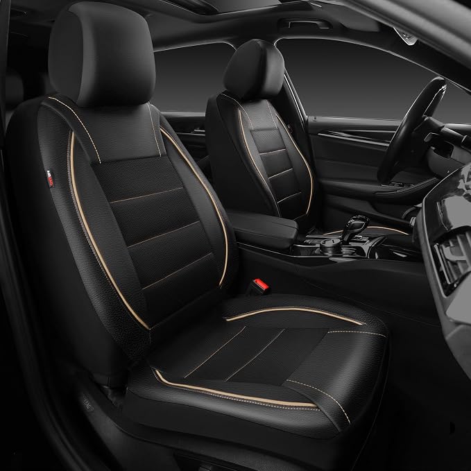 Universal FIT Piping Leather Two Front Seat Covers, Waterproof Faux Leather for SUV Sedan Van Truck, Airbag Compatible,Reserved Opening Holes for Headrest Covers. (Black and Beige)