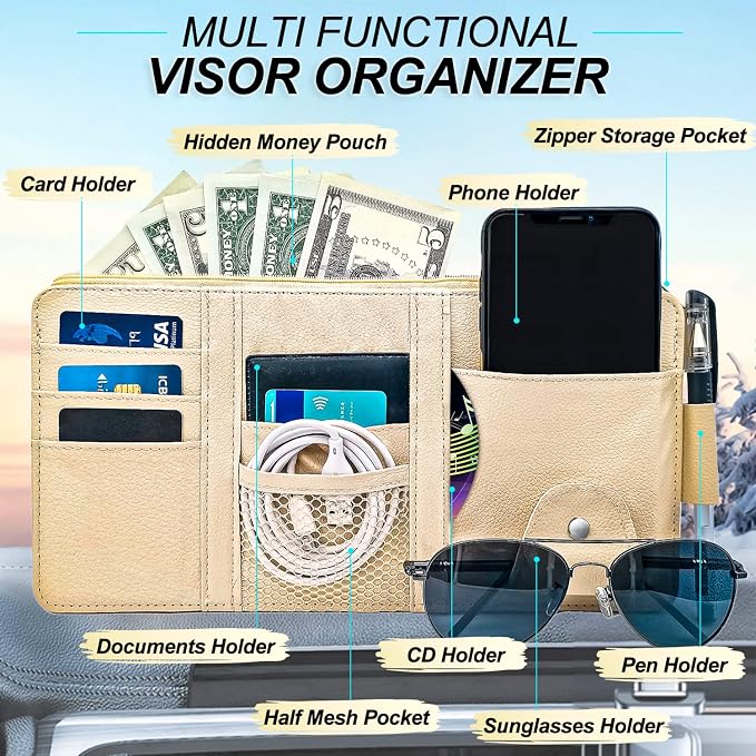 Car Sun Visor Organizer Auto Interior Accessories Pocket Organizer, Sunglasses Holder Car Truck Visor Storage Pouch for Cards, Pens and Document - Beige