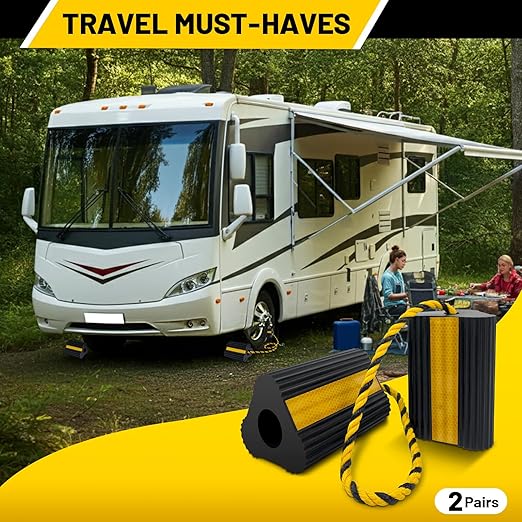 Wheel Chocks (2pair/4pack with Rope) for RV Trailer Camper Truck Car Aircraft, Versatile Heavy Duty Rubber Wheel Chocks Block with 3 Reflective Strips, Tire Wheel Immobilizers & Chocks