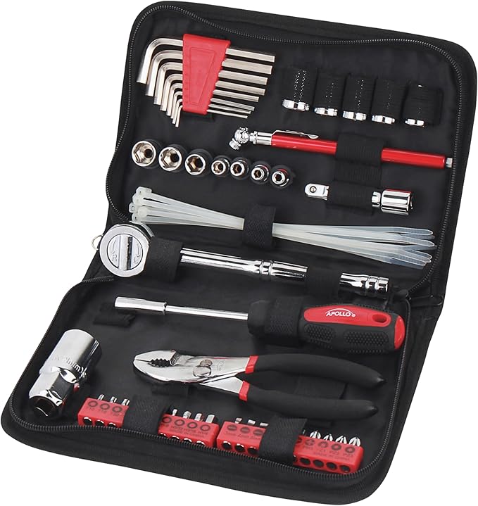 56 Piece Compact SAE Auto Tool Set in Zippered Case, Small Mechanic Tool Set for Car Emergency, Motorcycle Repair on the Road, Great for Travel Tool Needs - Red - DT9774