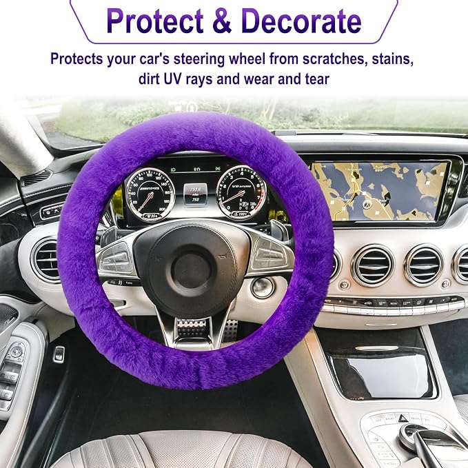 3 PCS Fluffy Steering Wheel Cover Set, 15'' Furry Car Wheel Cover, 2 Seat Belt Shoulder Pads, Anti-Slip Fur Steering Wheel Cover, Winter Warm Fluffy Car Accessories for Women, Purple