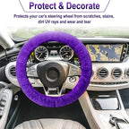 3 PCS Fluffy Steering Wheel Cover Set, 15'' Furry Car Wheel Cover, 2 Seat Belt Shoulder Pads, Anti-Slip Fur Steering Wheel Cover, Winter Warm Fluffy Car Accessories for Women, Purple