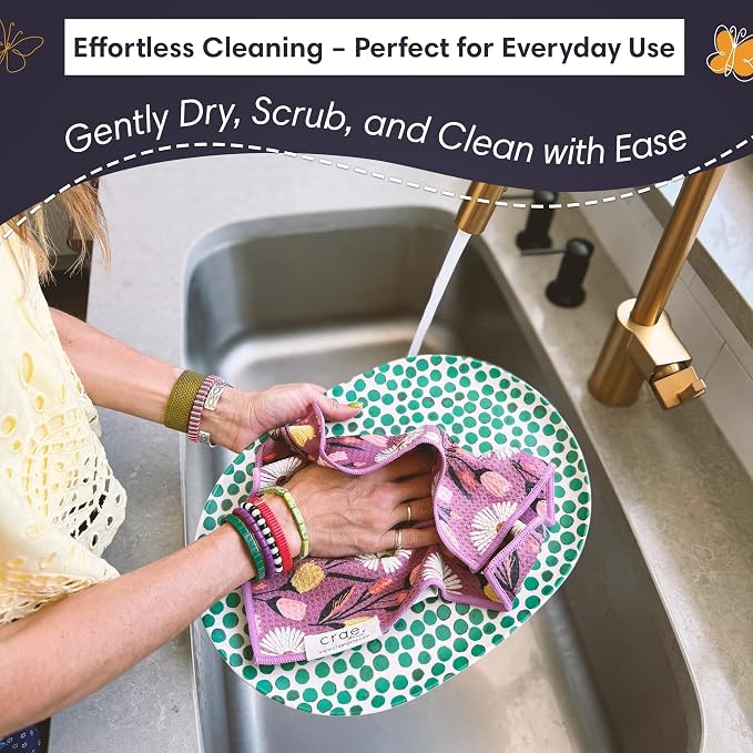 Microfiber Hand Towel & Washcloth Set of 2 - Double-Sided, Waffle Weave, Super Absorbent, Lint-Free, Fast Drying - for Bathroom, Kitchen, Car, and Window Cleaning (Wings & Flower Farm - Purple/Cream)