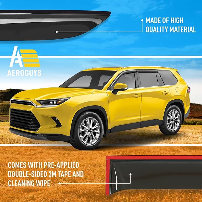 Extra Durable Window Deflectors Tape-On Window Visors Rain Guards Fit for Toyota Grand Highlander 2024-2026, Sun Visors, Wind Vent for Shades, Exterior Car Accessories - 4pcs. AG0879