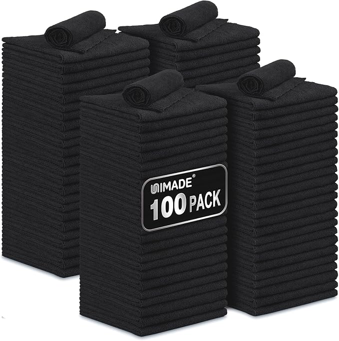 Microfiber Cleaning Cloth, 100 Pack Microfiber Towels for Cars Commercial Grade Work Rags Bulk Detailing Cloth for Automotive Bar Mechanic Restaurant Garage Housekeeping, 11.5"x 11.5", Black
