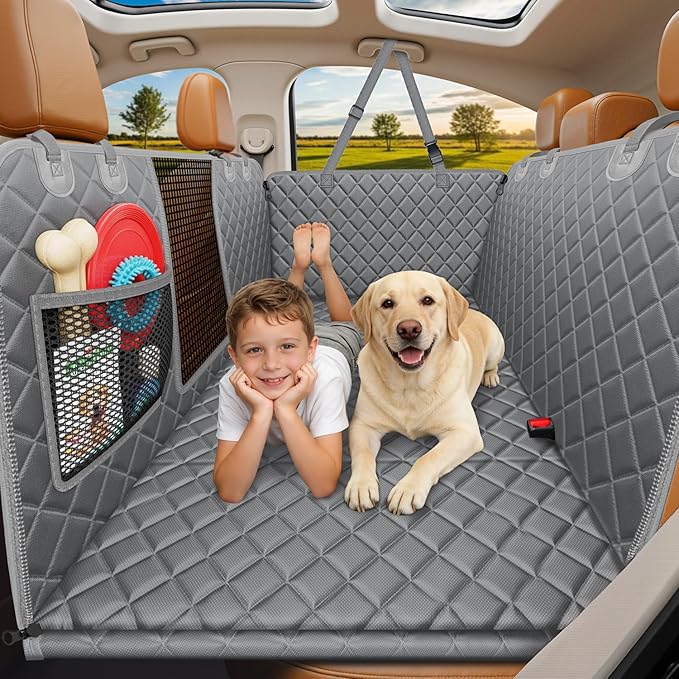 Backseat Extender for Dogs - Hard Bottom Dog Car Seat Cover for Back Seat, Dog Hammock for Car and SUV, Pet Rear Seat Protector Dogs Travel Bed with Mesh Window & Side Flaps