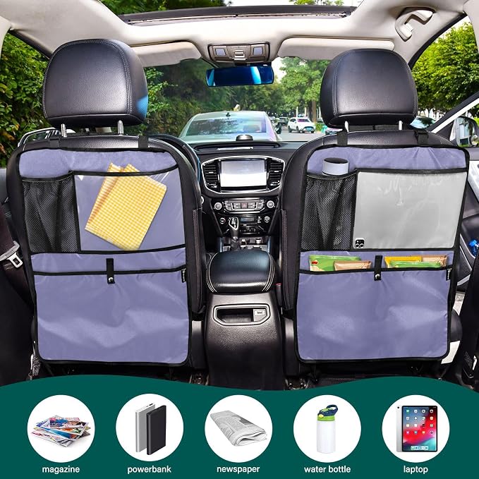 Purple Car Seat Organizer for Kids Backseat Kick Mat with Adjustable Strap Seat Back Covers for Vehicle Car SUV 2 Pcs
