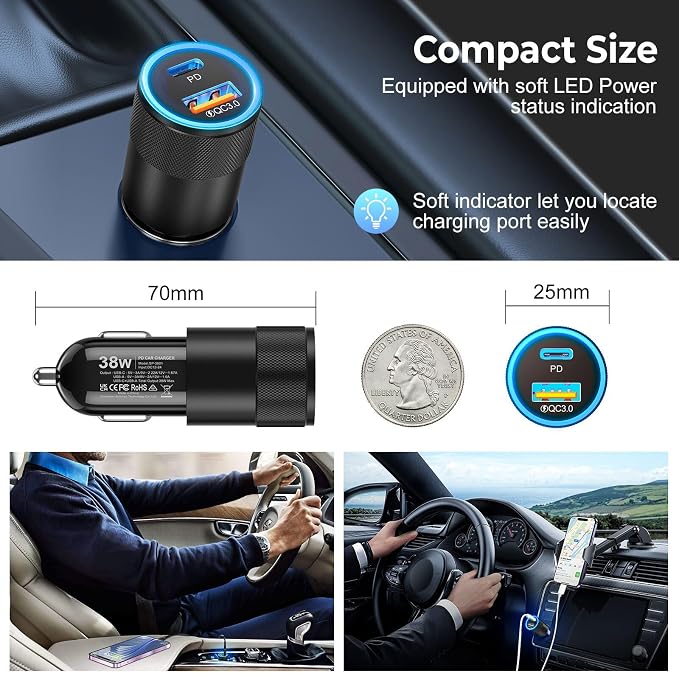 Car Charger USB C 3-Pack, 38W Dual Port PD + QC 3.0 Car Charger Adapter Fast Charging Cigarette Lighter Adapter for iPhone 16 15 14 13 12 11 Pro Max, Samsung, Tablet