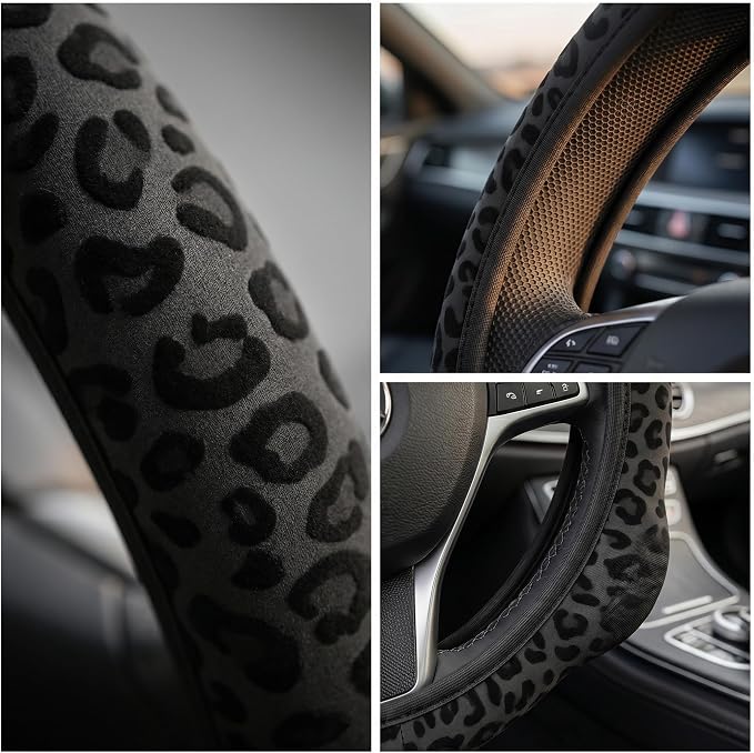 15 Inch Neoprene Steering Wheel Cover Non-Slip (Black Leopard Print)