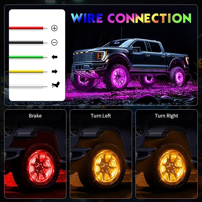 4PCS 15.5inch RGB LED Wheel Rim Lights with Bluetooth and Remote Control,Wheel Ring Light Kits with Turn Signal and Braking Function Tire Lights for Pickup Truck SUV Car (15.5inch)
