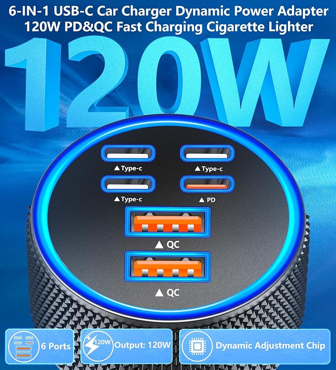 [Apple MFi Certified] iPhone 17 Car Charger, 6-Port 120W USB-C&USB-A Power Cigarette Lighter PD/QC Multiport Fast Car Charger + Type-C Braided Cord for iPhone 17 Pro/16/15/Galaxy S26/S25/Pixel