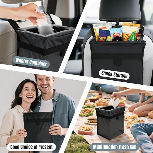 Car Trash Bag, Leakproof Waterproof Auto Garbage Container, Collapsible Portable Hanging Organizer for Car, SUV and Truck Seat Backs, 3 Gallons 9.05x6.89x10.63 Inches Black