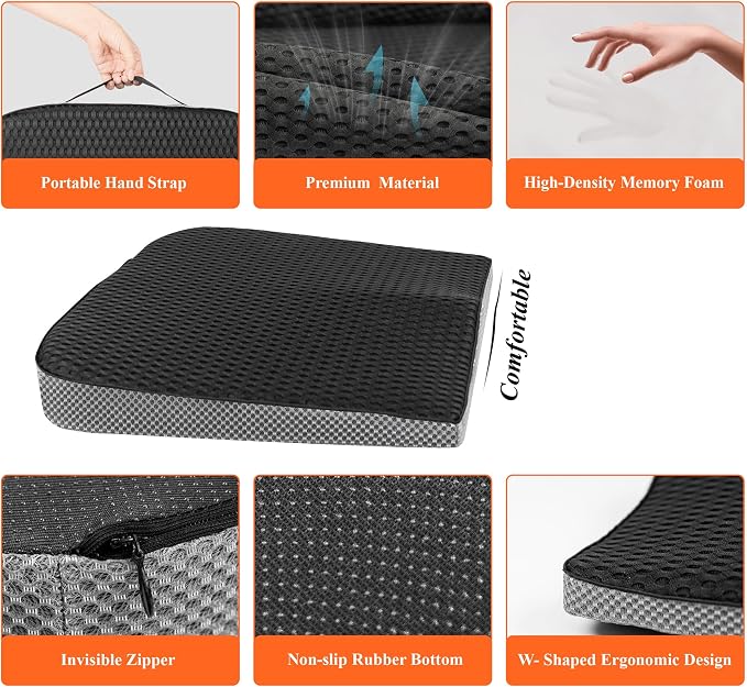 Premium Car Seat Cushion, Memory Foam Driver Seat Cushion to Improve Driving View- Coccyx & Lower Back Pain Relief - Seat Cushion for Car, Truck, Office Chair (4D Mesh Classic Black)