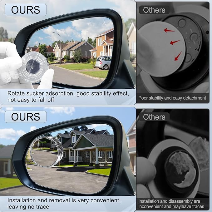 Blind Spot Mirror, 2" Round HD Glass Frameless Convex Accessories with Suction Cup, ABS Housing, 360° Adjustable Wide-Angle Rear View Mirror for Cars, SUVs, and Trucks, Pack of 2