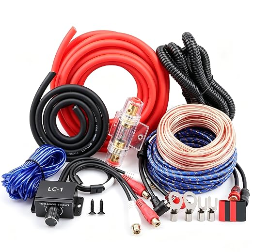 8 Gauge 1200W Amplifier Wiring Kit Complete Amp Installation Kit with LC-1 Remote Bass Control Knob,RCA & Speaker Cables,60A AGU Fuse Holder,Power & Ground Cable for Car Audio Subwoofer Stereo System