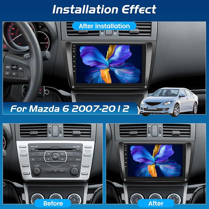 Android Radio for Mazda 6 2007-2012 with Wireless Carplay and Android Auto | [4+64G] Car Stereo 9 Inch Touchscreen, GPS Navi, WiFi, EQ Audio, SWC, Mirror Link, Bluetooth + AHD Backup Camera