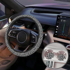 Black and White Leopard Print Steering Wheel Cover for Women, Anti-Slip Car Steering Wheel Cover with 2 Pcs Cup Holders Neoprene Breathable Car Accessories Universal 15 Inch Auto Interior Decor