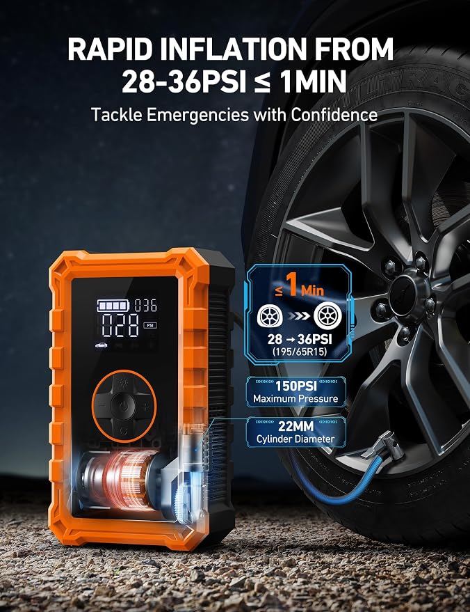 S8 Air Jump Starter with Air Compressor, 3000A Peak Car Battery Jump Starter Portable (9.0 Gas/6.5L Diesel) with 150PSI Cordless Auto-Shutoff Tire Inflator, 12V Battery Charger Booster(Orange)