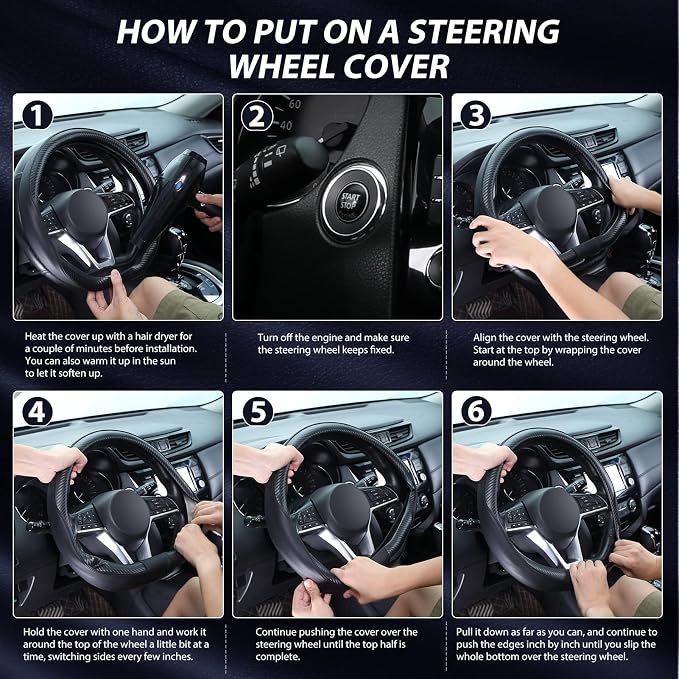 Flat Bottom Steering Wheel Cover Carbon Fiber, D Shaped Car Wheel Cover 14 1/2-15 in. (37-39 cm), Black Microfiber Leather with Carbon Fiber Pattern