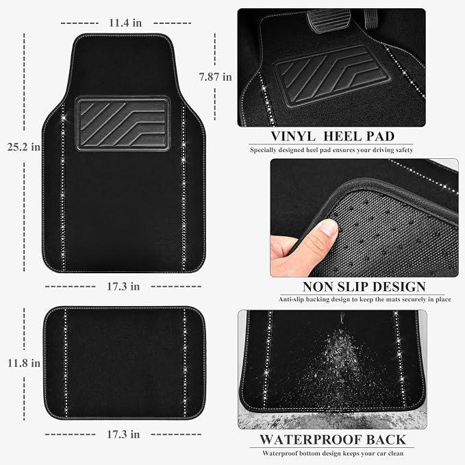 14 PCS Bling Diamond Car Accessories Set for Women, Leather Seat Covers Front Seats Sparkly Rhinestone 15'' Steering Wheel Covers Shining Diamond Car Floor Mats Cute Interior Sets, Silver