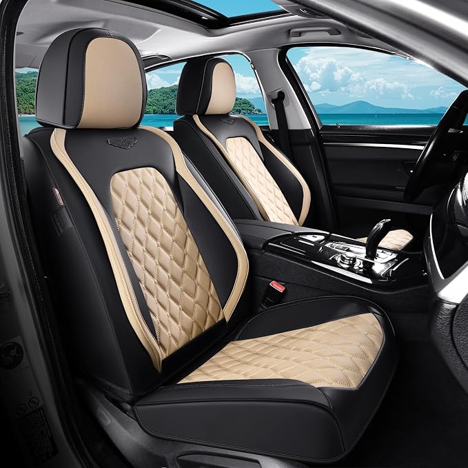 Coverado Universal Car Seat Covers Full Set, Durable Waterproof Faux Leather Front & Rear Seat Protectors, Classic Easy-Clean Interior for Most Vehicles – BlackBeige