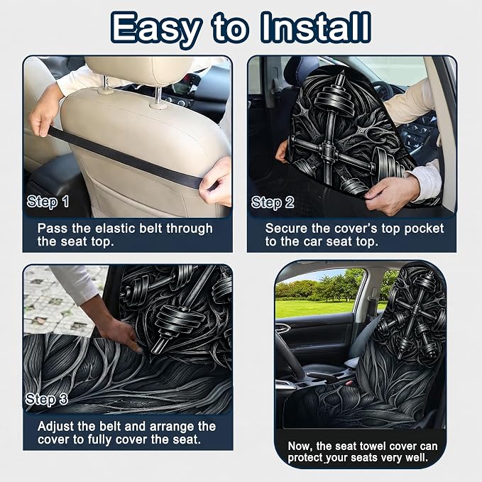 Car Seat Towel Cover 2 Pack for Front Seats, Sweat Absorbent Car Seat Protector with Non-Slip Backing, Waterproof Towel Car Seat Covers for Runners, Gym, Swimming, Beach, Pets, Iron Dumbbell