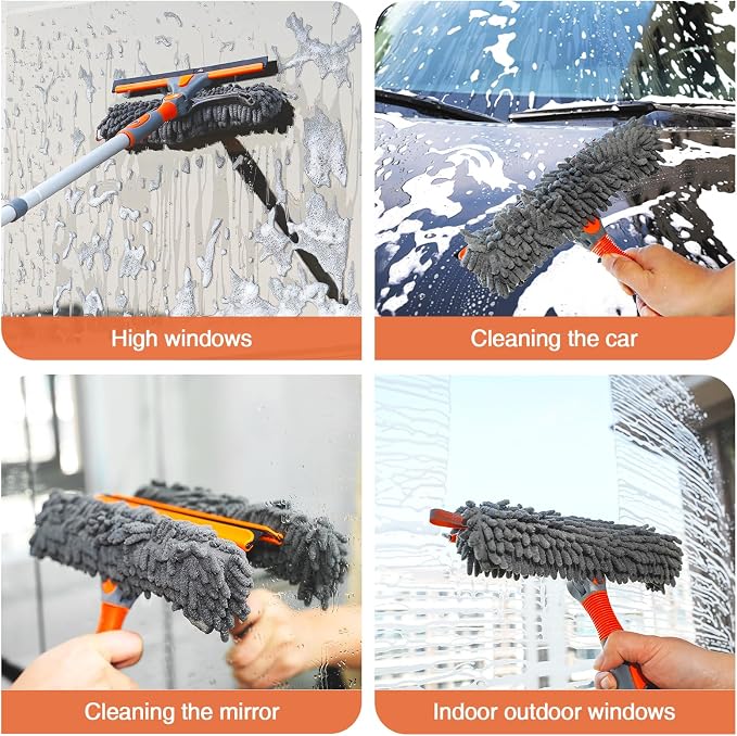 89'' Squeegee Window Cleaner 2 in 1 Rotatable Window Cleaning Tool Kit with Extension Pole, Window Washing Equipment with Bendable Head for Indoor/Outdoor Window and Car Glass