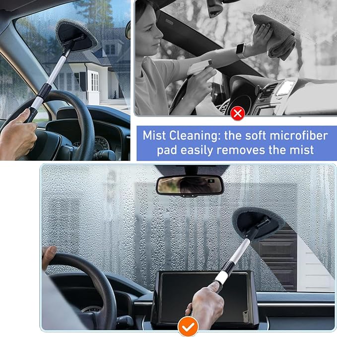 Windshield Cleaning Tool, Car Window Cleaner Windshield Cleaner with 4 Reusable and Washable Microfiber Pads and Extendable Handle Auto Inside Glass Wiper