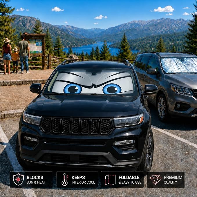 Car Windshield Sun Shade, Universal Fit Midsized Sedan SUV, Sporty Silver | 63 x 31.5" Windshield Cover, Foldable Front Window Sunshade, UV Heat Protection, Cute Eyes Series