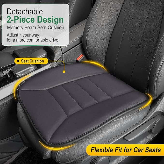 3-Piece Car Seat Cushion Set, 1.2inch Memory Foam Comfort, 2 Front Automotive Seat Cushions + Rear Bench Cushion, Non-Slip Bottom, Fits Sedan SUV Truck Van, Car & Office Chair, Dark Grey