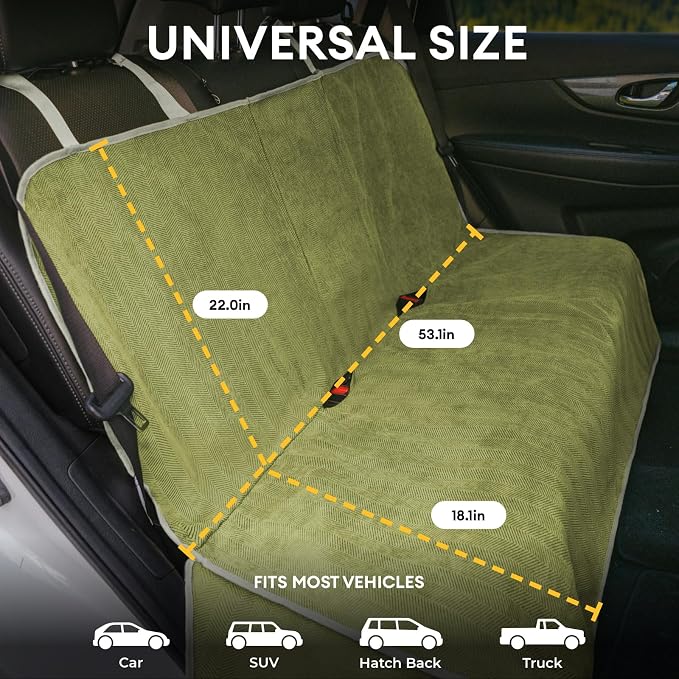 Dog Car Seat Cover for Back Seat, Back Seat Pet Cover for Dogs Waterproof, Scratchproof Dog Backseat Cover, Non-Slip Bench Car Seat Protector, Universal Fit Most Cars, SUVs, Trucks, Green