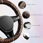 Leopard Steering Wheel Cover for Women, Cute Anti-Slip Microfiber Leather, Fits D Shape Flat Bottom Steering Wheel 14.5-15 Inch - Brown