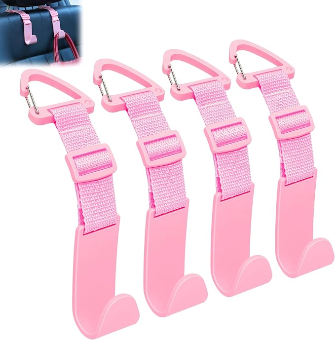 Headrest Hooks for Car Adjustable 4 Pack Vehicle Seat Back Organizer Storage Hanger Holder for Purse Bags Universal Fit with Clip Pink