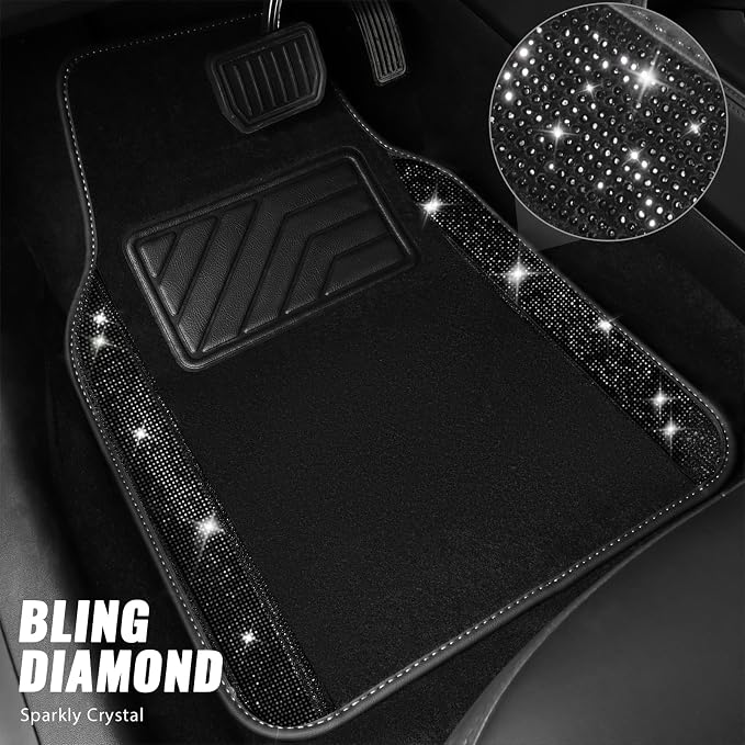 Bling Diamond Leather Steering Wheel Cover 14.5in-15in Floor Mats Shining Rhinestone Carpet Sparkly Glitter Crystal Anti-Slip Pad Fit Automotive SUV Pickup Truck Girl Women, 5pcs Black