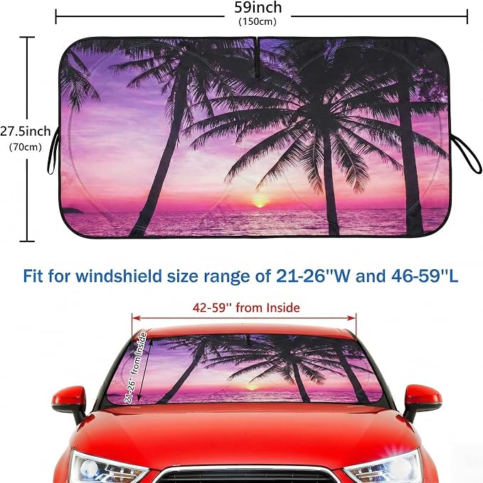 Car Windshield Sun Shade, Universal Fit Compact Sedan SUV, Vacation Style | 59 x 27.5" Car Sun Visor, Foldable Front Window Sunshade, UV Heat Blocker