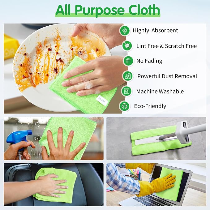 Sage Green Microfiber Cleaning Cloth -Pack of 12, Highly Absorbent Cleaning Rags, 16"X12" All Purpose Cleaning Towels for Housekeeping, Kitchen, Car, Lint Free and Reusable Microfiber Towels