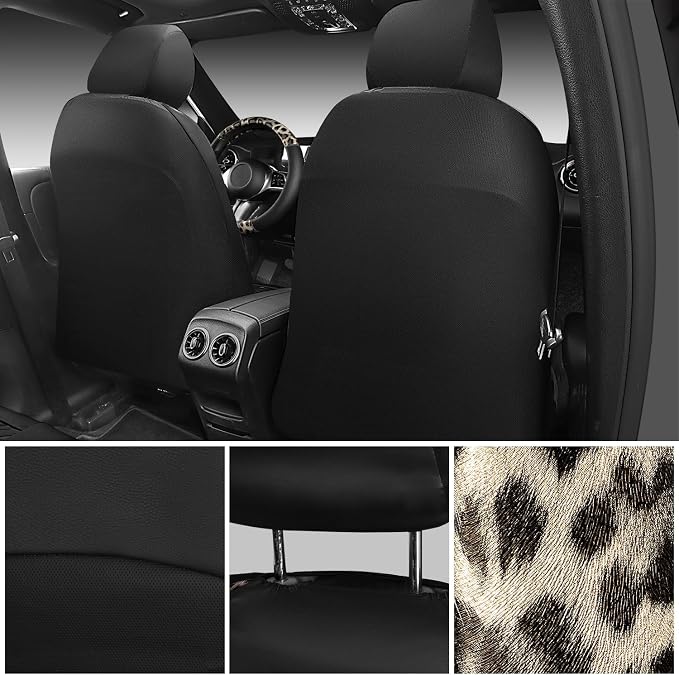 Leopard Print Faux Leather Car Seat Covers & Leopard Car Mats&Leopard Steering Wheel Cover Seat Belt Universal Car Accessories for SUV,Van,Saden,Truck Automobile Interior Sets(Gold Black)