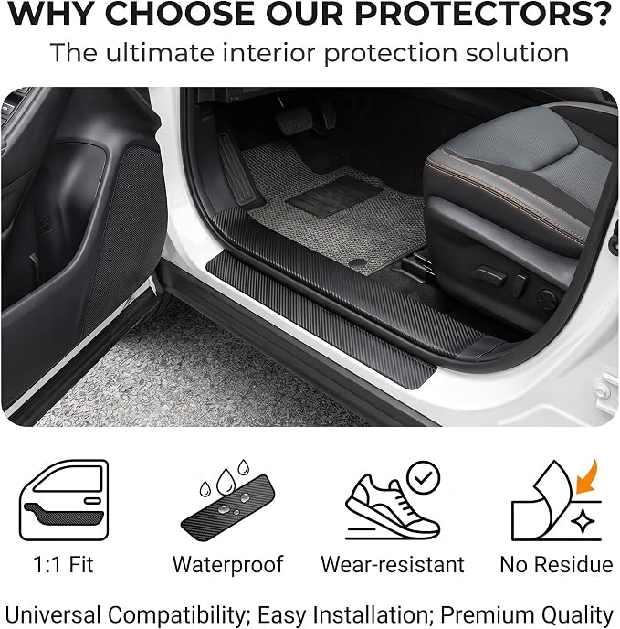 4 PCS Car Door Sill Protectors, Carbon Fiber Anti-Scratch Waterproof Threshold Guard Stickers, Front Rear Entry Scuff Protective Cover, Universal for Most Cars SUVs Trucks (Black)