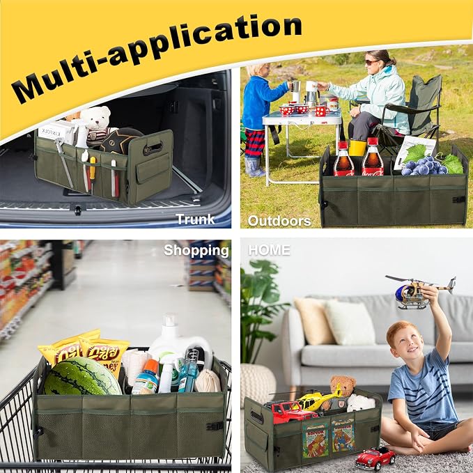 Car Trunk Organizer, Car Organizers and Storage Collapsible Multi Compartment Container Box, Adjustable Car Accessories for SUV Sedan Truck, Standard Size, Green
