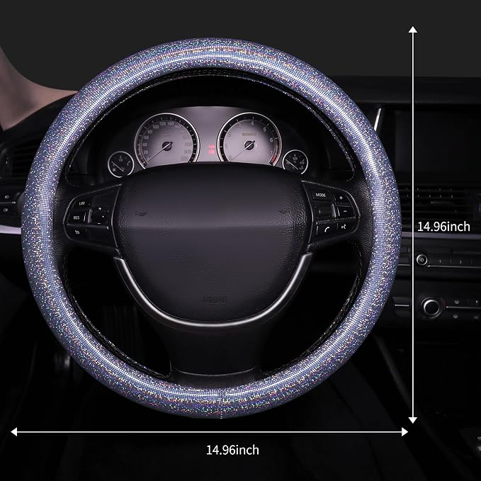 Bling Steering Wheel Cover, Bling Crystal Rhinestone Car Steering Cover Universal 14.2-15.3 inch Glitter Car Wheel Cover Sparkling Accessories （Blue）
